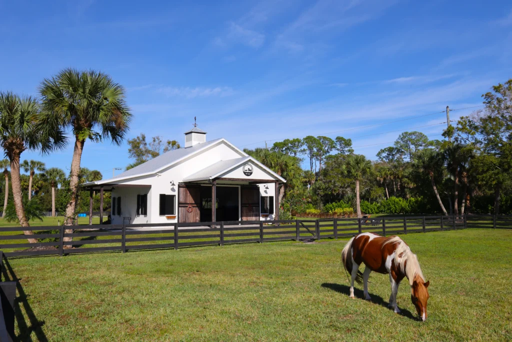 Exterior view of a horse barn for a residential project by Dingwall Architecture.
