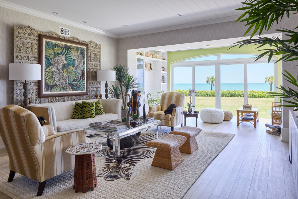 Eclectic living room with an ocean view